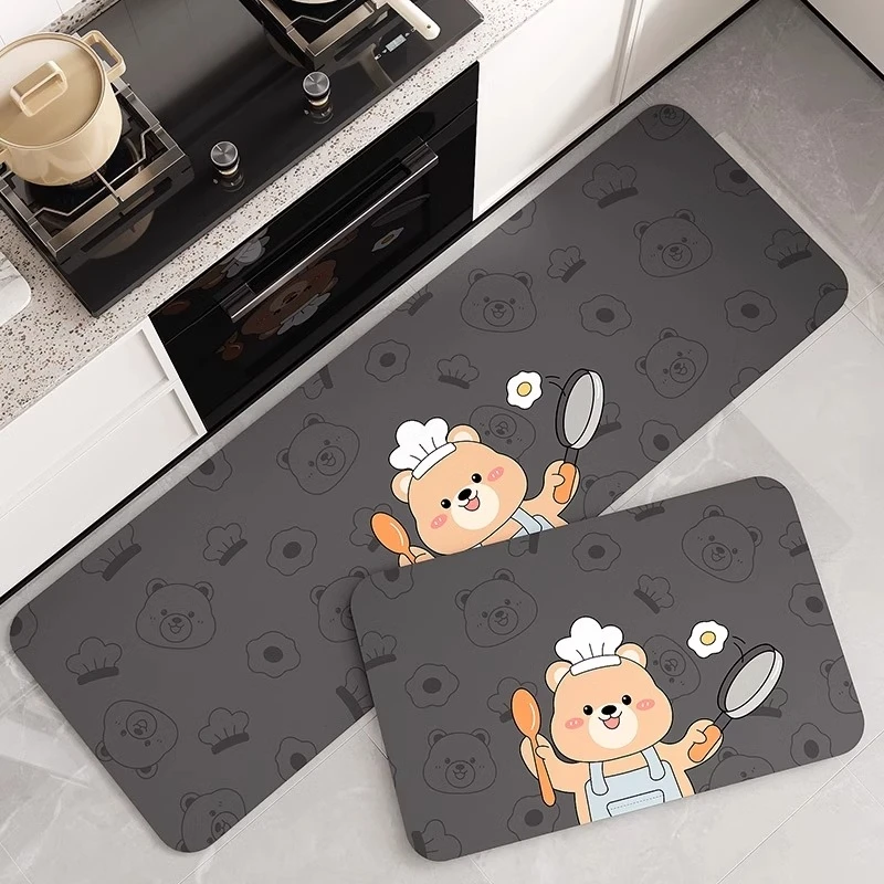 VIKAMA Chef Bear Kitchen Carpet, Cute Cartoon Cooking Bear Design Non Slip Washable Anti Fatigue Long Runner Rug for Home
