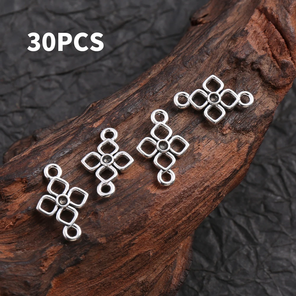 30 Hollow Four-Leaf Patterned Handmade DIY Connecting Pieces, with Symmetrical Geometric Floral Design and Double Hanging Rings, Smooth and Easy to Connect, Suitable for Making Bracelets, Necklaces, Hand Chains, and Bag Charms