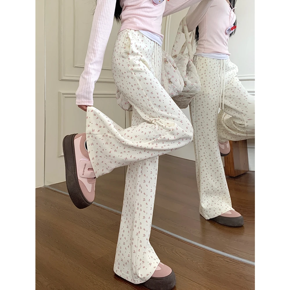 Vrouwen bloemen hangende wijde pijpen broek licht uitlopende pluche casual broek lente herfst winter mode