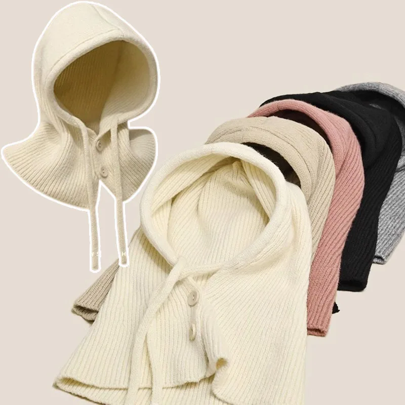 

Unisex Winter New Balaclava Hats For Women Knitted Hooded Caps Outdoor Warmer Drawstring Hat One-Piece Neck Collar Beanies Caps