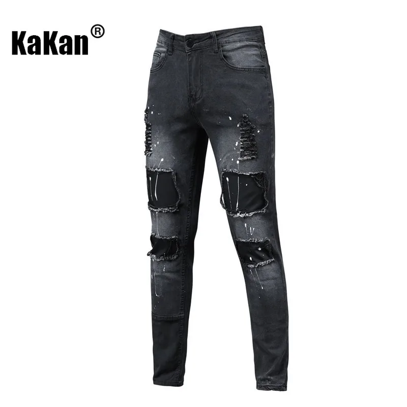 Kakan - New Men's Perforated Printed Jeans, Y2k Clothes with Elastic Small Leg Long Jeans, Jeans Man Brand