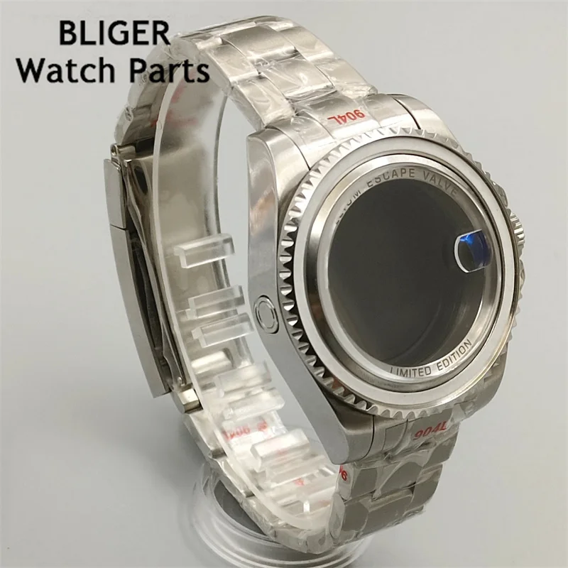 BLIGER 44mm silver watch case sapphire glass fit NH35 NH36 NH34 ETA2824 2836 Miyota8215 Mingzhu DG2813 3804 PT5000 movement