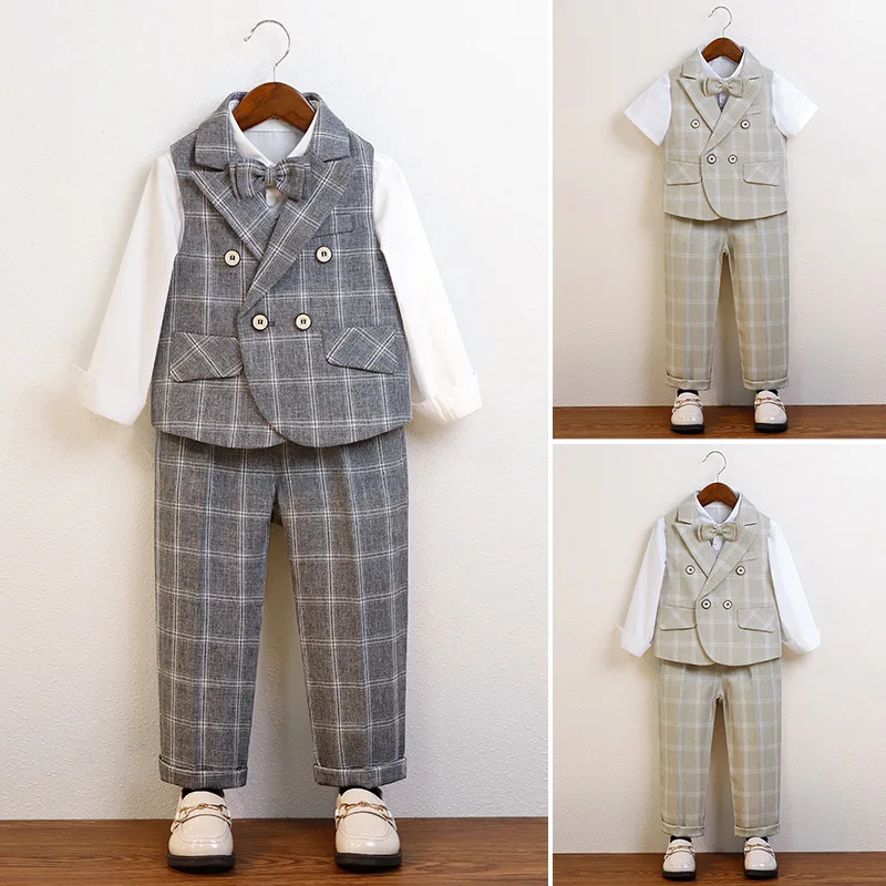 Korean Autumn Children Boys 3/4Pcs Suit Loose Kids Boys Plaid Grey Vest Shirt Pant Suit Outfits Set Casual Formal Kids Boys Suit
