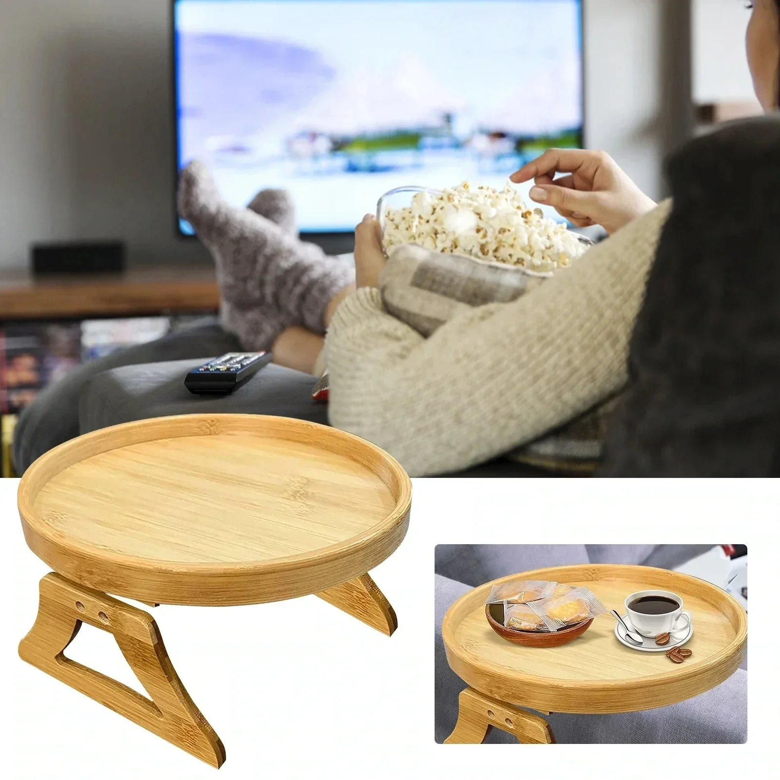 Cozy Sofa Armrest Tray Folding Clip-On Table Natural Bamboo Sofa Tray Practical TV Snack Tray for Remote Control Coffee Snacks