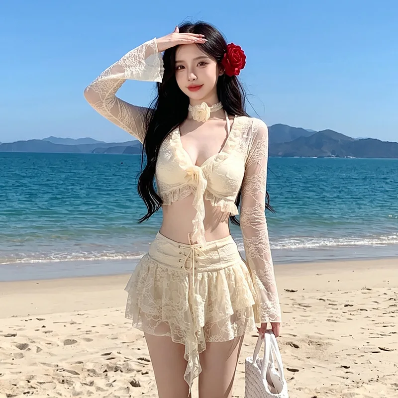 Swimsuit Women 2026 New Pure Desire Bikini Lace Split Long Sleeved Sunscreen Slimming Gathering Hot Spring Vacation Skirt Style