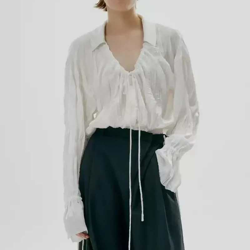 

Pleated Texture White Shirt Women Harajuku Y2K V Neck Long Sleeve Blouse Commuter Chic Elegant Loose Casual Black Top