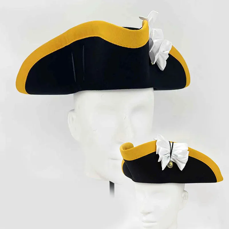 

New The 18th Century Britain Tricorn Hat Black Cap With White Decoration Vintage Adult Prop Accessories 56cm to 58cm Head Size