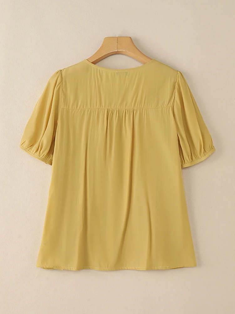 VONDA Fashion Tops Women Summer Short Puff Sleeve Blouse 2025 Stylish Pleated Ruffled Shirts V-Neck Bandage Casual Solid Blusas