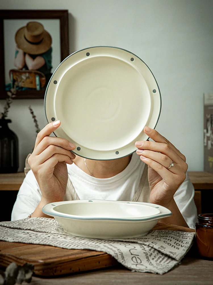 Vintage Polka Dot Pasta Plate Irregular Matte Ceramic Deep Dish Dessert Plate