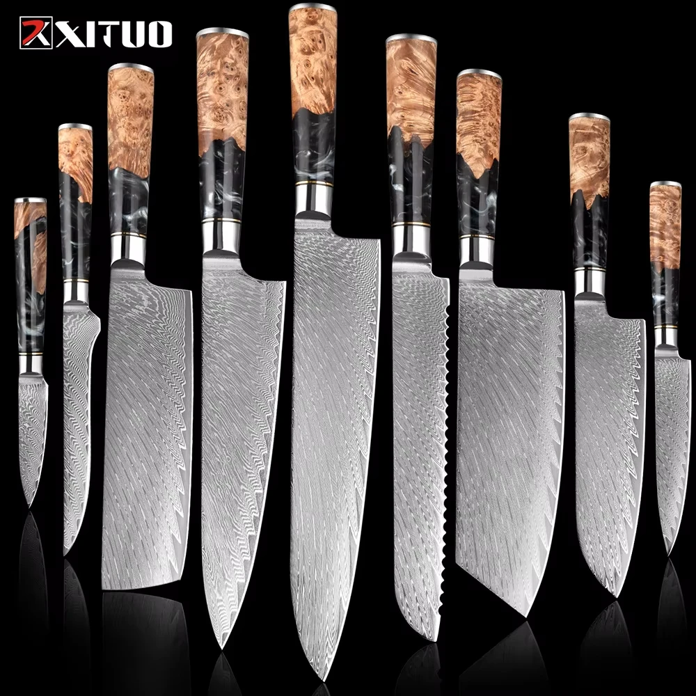 

XITUO 1-9 PCS Damascus Steel Kitchen Knives High Quality Chef Chopping Vegetable Slicing Deboning Bread Knife Black Resin Handle
