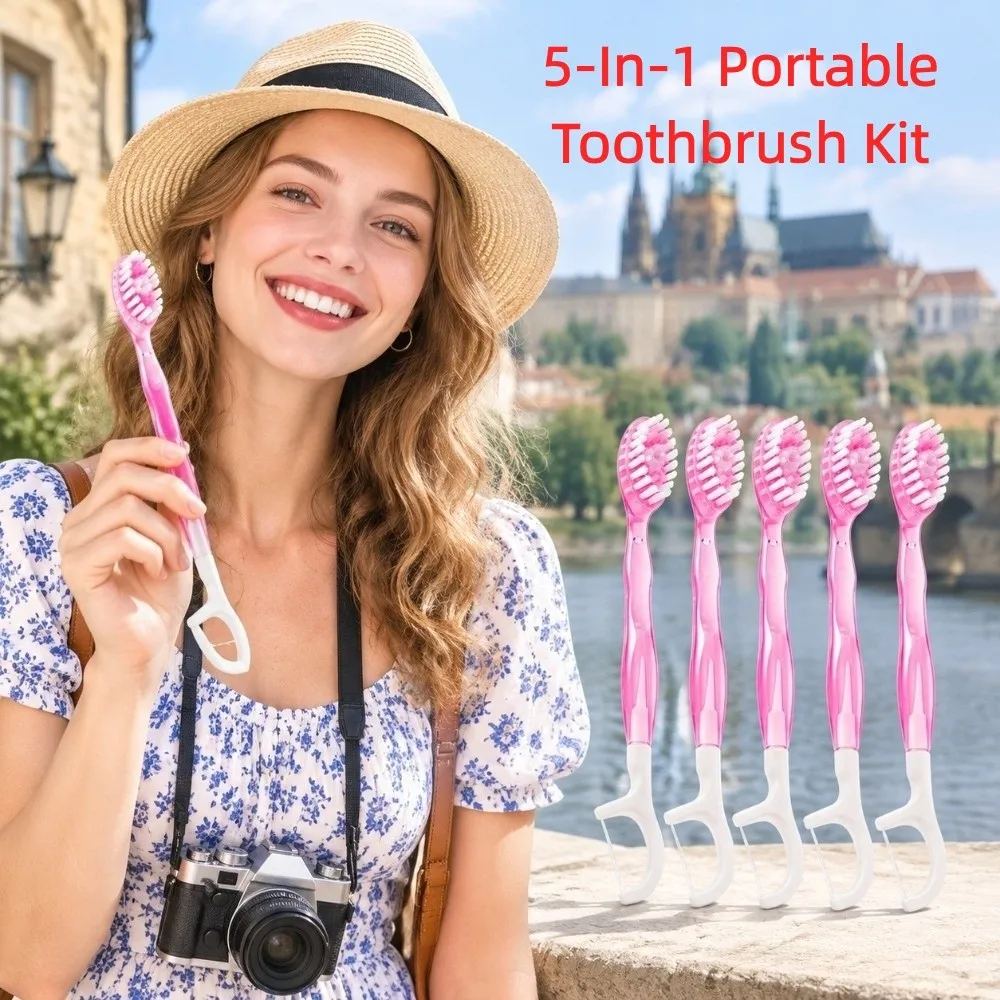5pcs Mint-fresh Bursting Beads Travel Disposable Toothbrushes Dental Pick Floss Multi-functional Oral Care Set Convenient