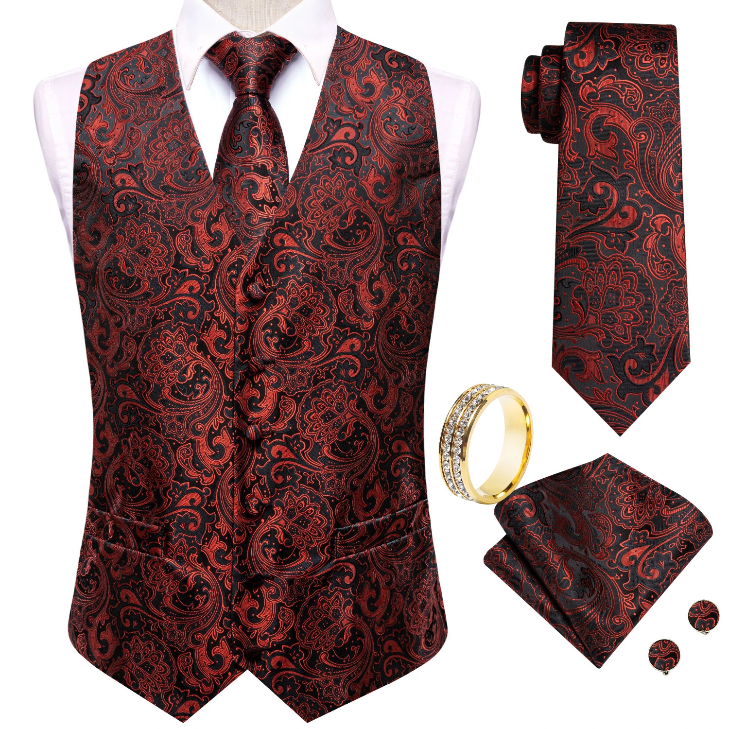 Black Red Paisley V-Neck Vest Matching Set Tie Pocket Square Cufflinks Ring For Holiday Evening Banquet