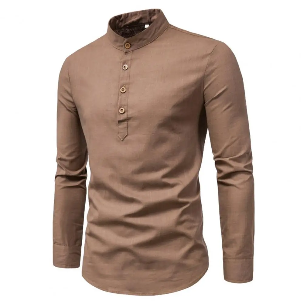 Henley Collar Men Shirt Korean Solid Color Stand Collar Men's Shirts Long Sleeve Buttons Slim Fit T Shirt For Men T Shirts