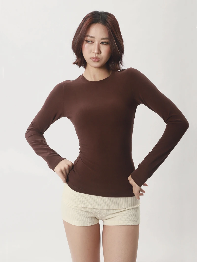 Camiseta de uso diario de manga larga con cuello redondo para mujer