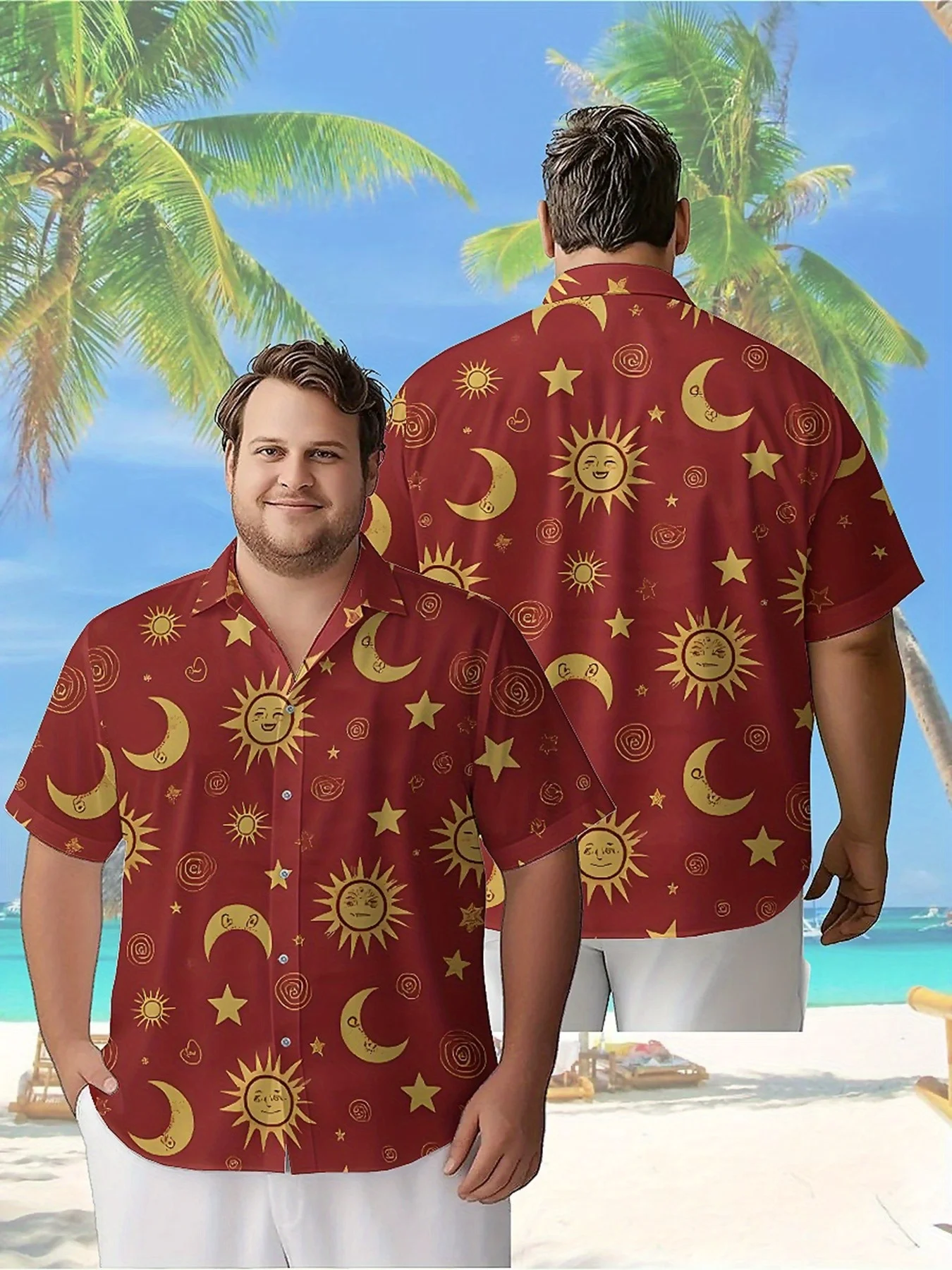 Men's Plus Size Hawaiian Shirts Stars and Sun Smiley Faces Pattern,Premium Comfort Youth Clothes,Y2K Tops