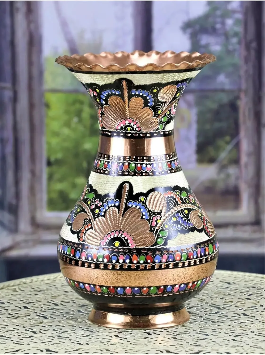 Copper Vase with Rose Flower Embossing Decorative Metal Flower Holder for Home and Office Decor - Copper