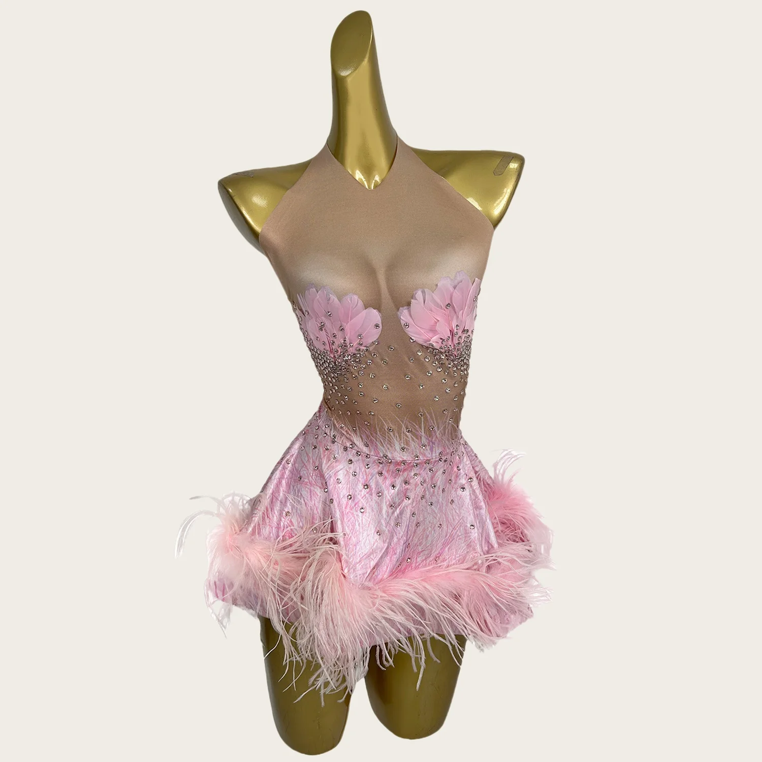 

Huolieniao Sparkly Rhinestone Feather Pink Mini Dress Nightclub Party Stage Performance Wear gig Dance Outfit Sexy Women Dress