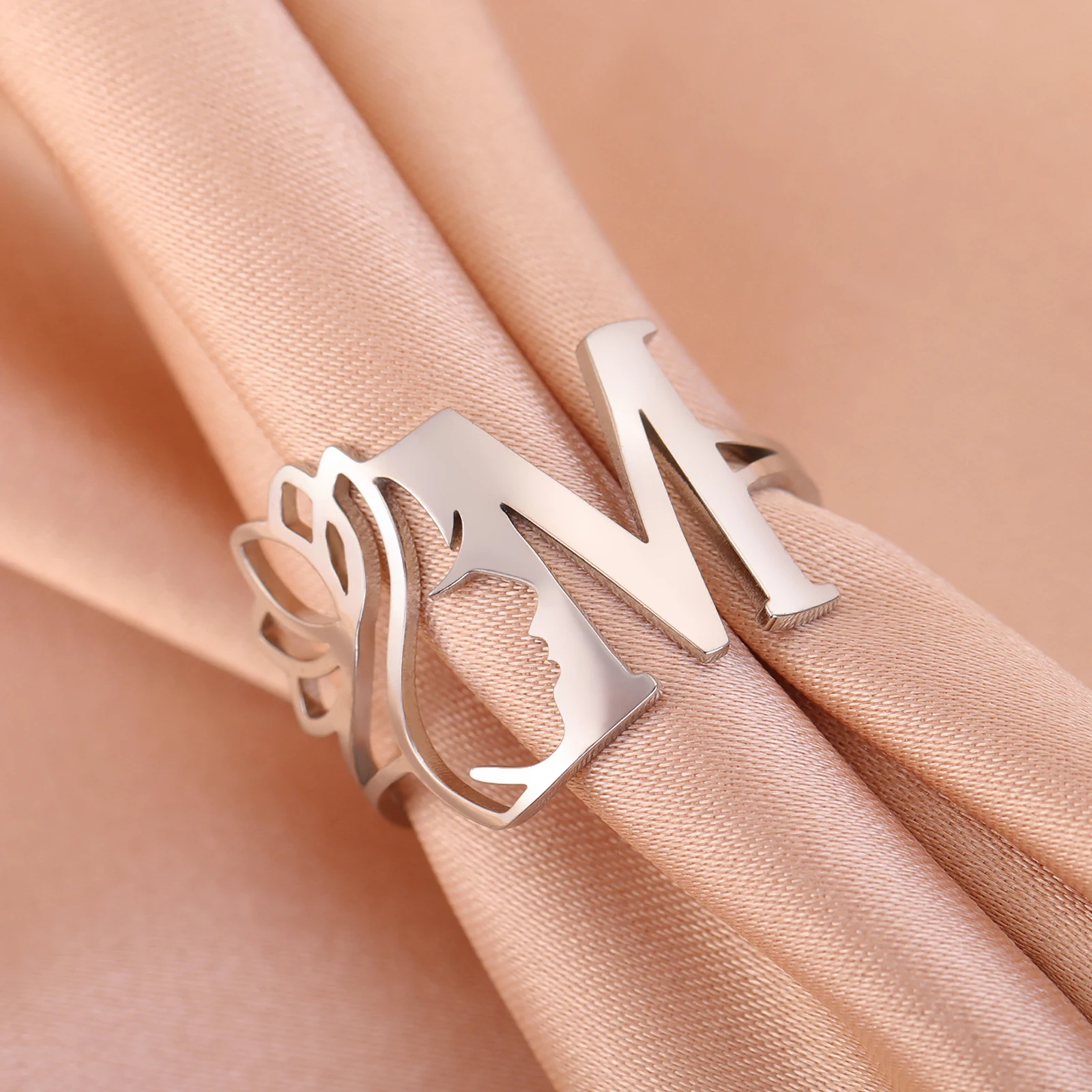 COOLTIME A-Z Initial Letter Lotus Ring for Women Stainless Steel Alphabet Abstract Face Open Rings Fashion Jewelry Gift