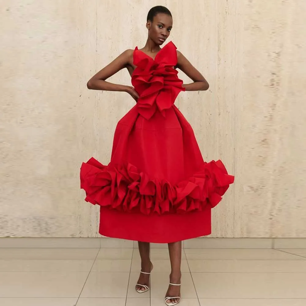 New Couture Red Women Dresses To Party Ruffles Trimmed Decoration A-line Mid Calf Female Maxi Dress Wedding Guest Dress