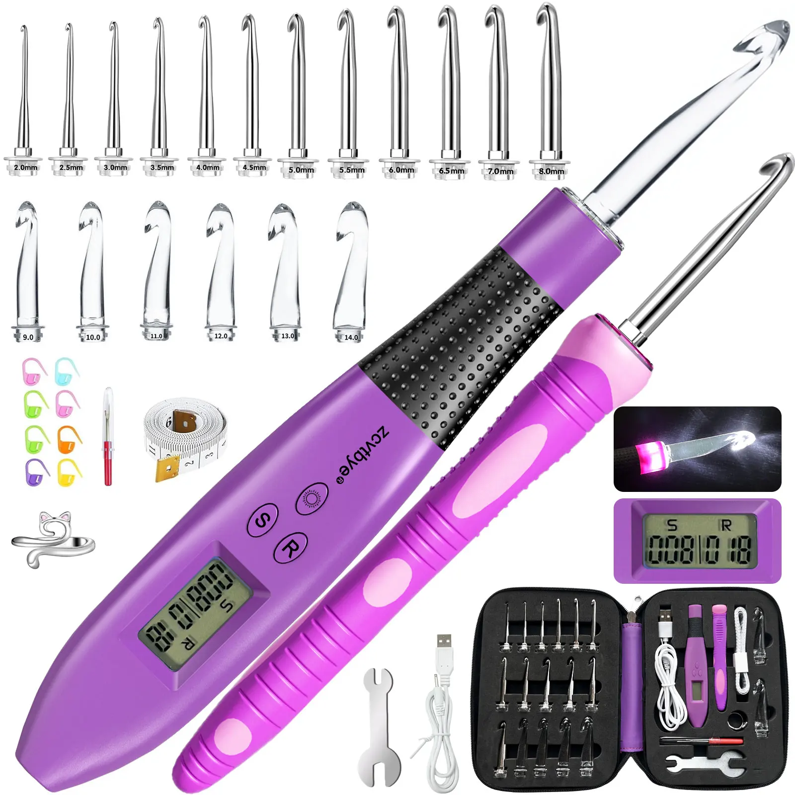 18pcs Crochet Hook Set with LED Light and Stitch&Row Counter Digital Ergonomic Handle Knitting Kit DIY Tool Knitting Needle Hook