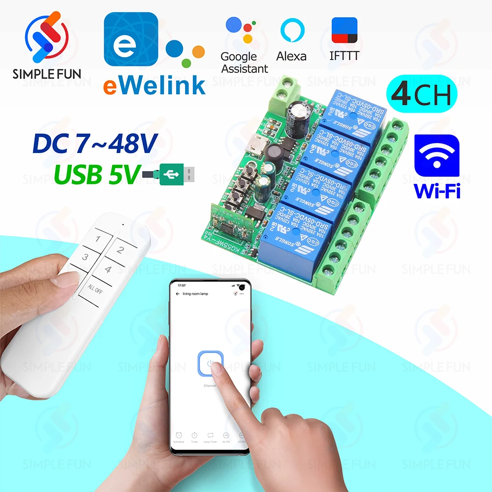 

eWelink WiFi Smart Switch,USB 5V DC 7V-48V 4 Channels Relay,DIY Garage Door Switch Modification,Alexa Google Home Voice Control