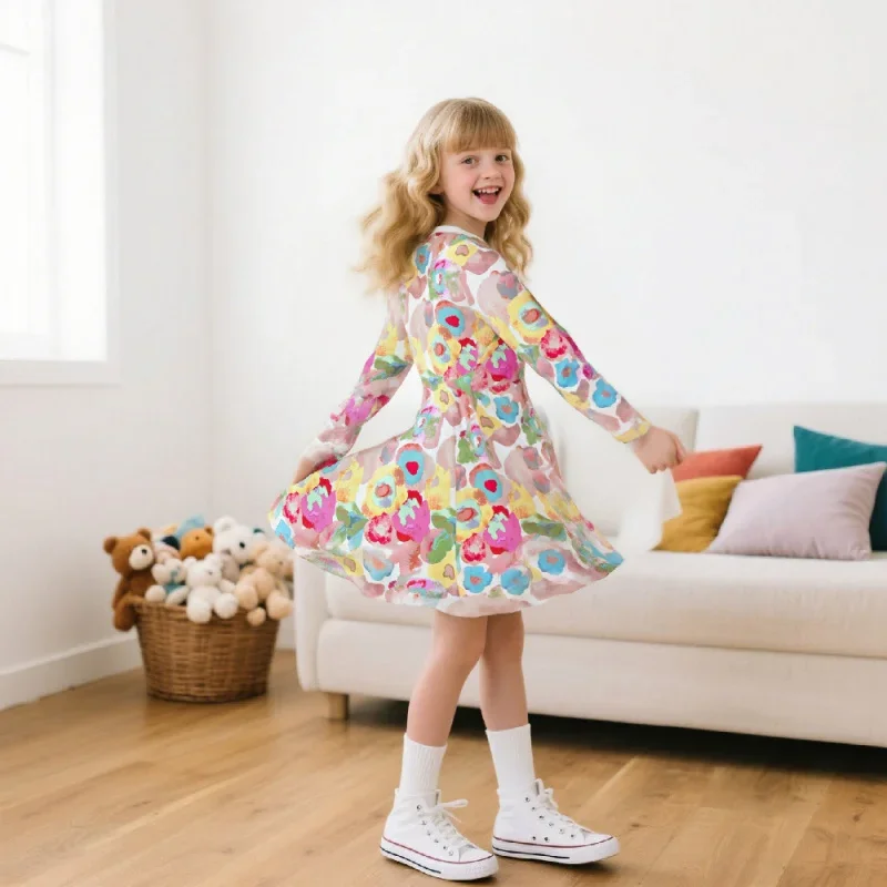 Girls Long Sleeve Watercolor Floral Print Dress Children's Fashion Cross-Border 2026 Hot-Selling Dress