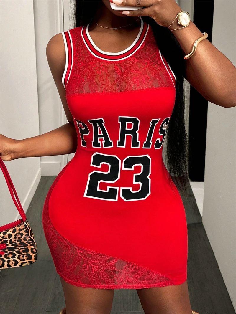 

STYLISH LADY Letter Printed Lace Patchwork Dress 2025 Summer Women Sleeveless O Neck Bodycon Sexy Club Party Mini Vestidos