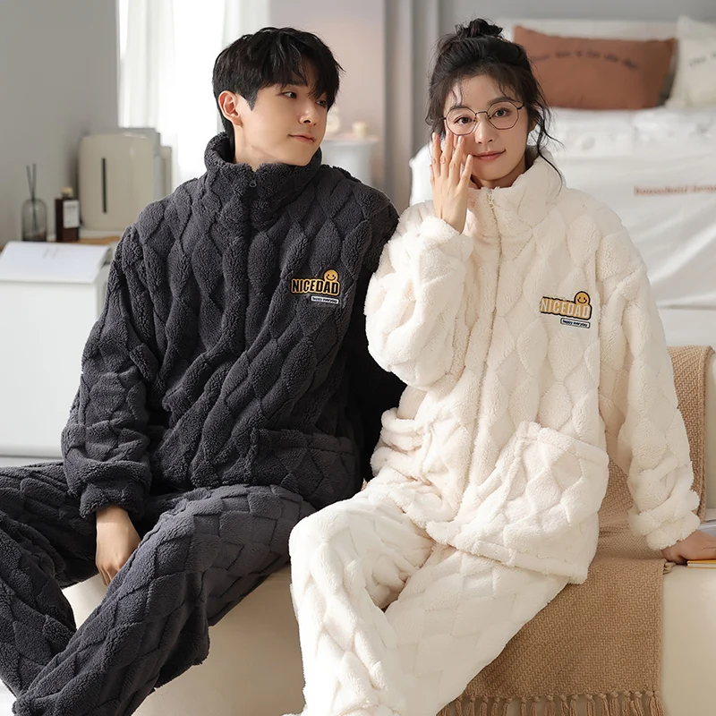 Winter Thicken Couple Pajamas Sets Sleepwear Women Men Casual Pyjamas Korean Home Suits Nightgown