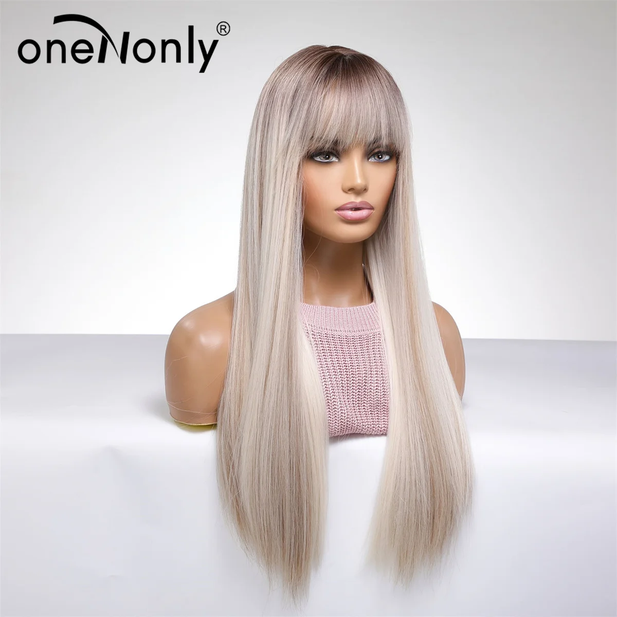 oneNonly Long Blonde Wig for Women Natural Wig with Bangs Synthetic Wigs High Quality Women Party Straight Hair