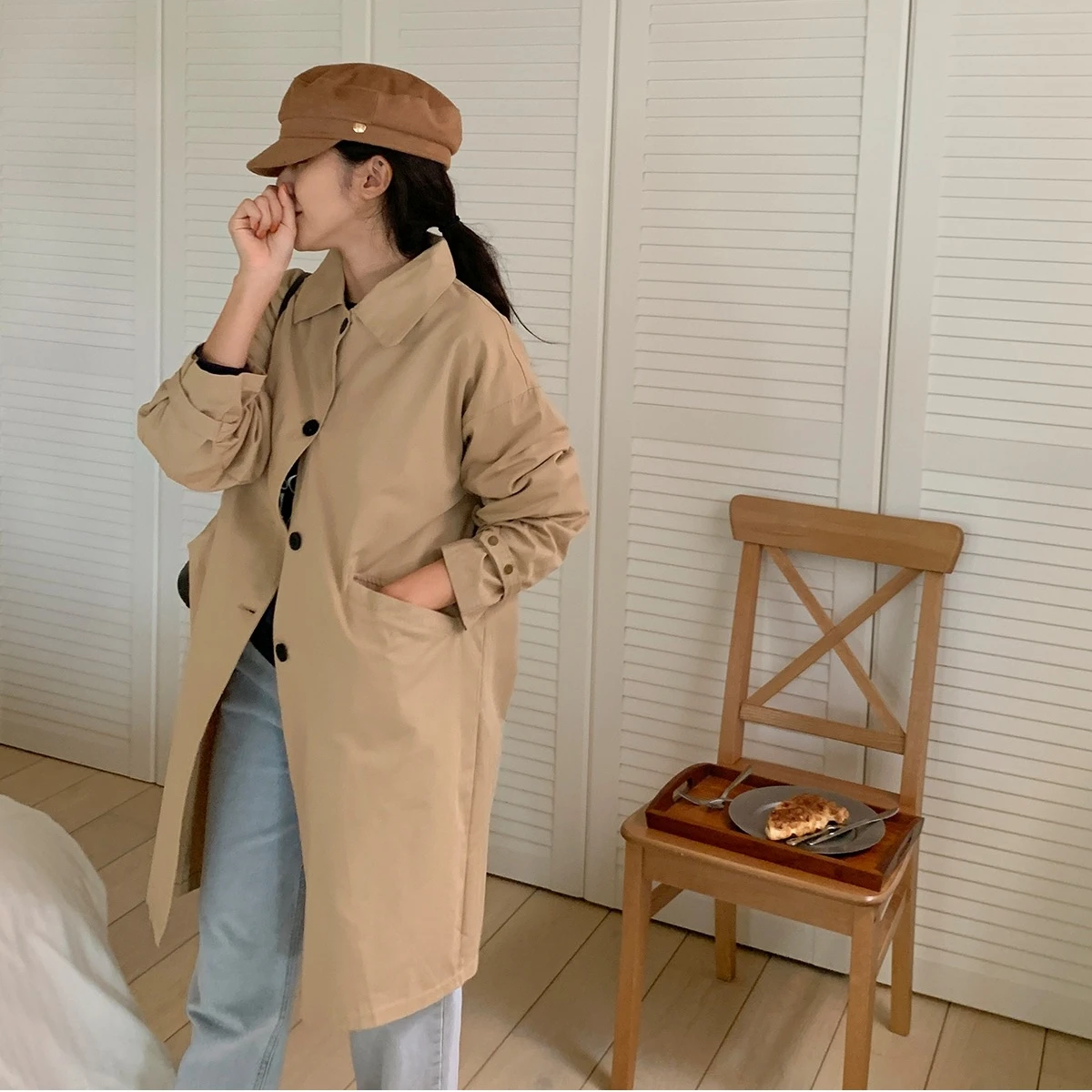 Trench da donna versatile in stile coreano retrò casual semplice con collo a bavero