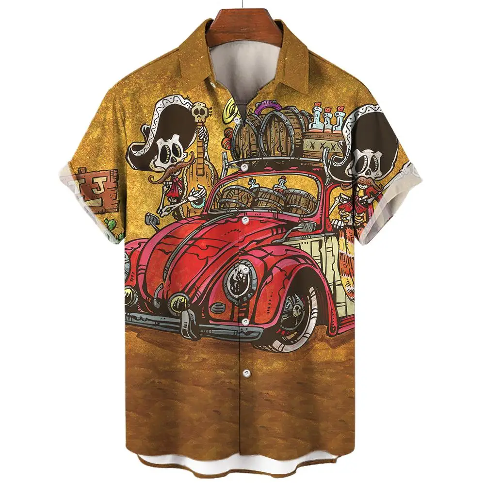 الهيب هوب قميص الجمجمة دراجة نارية مطبوعة قميص رجالي عادية قصيرة الأكمام تيز قميص خمر للرجال ملابس فضفاضة الشارع الشهير #5