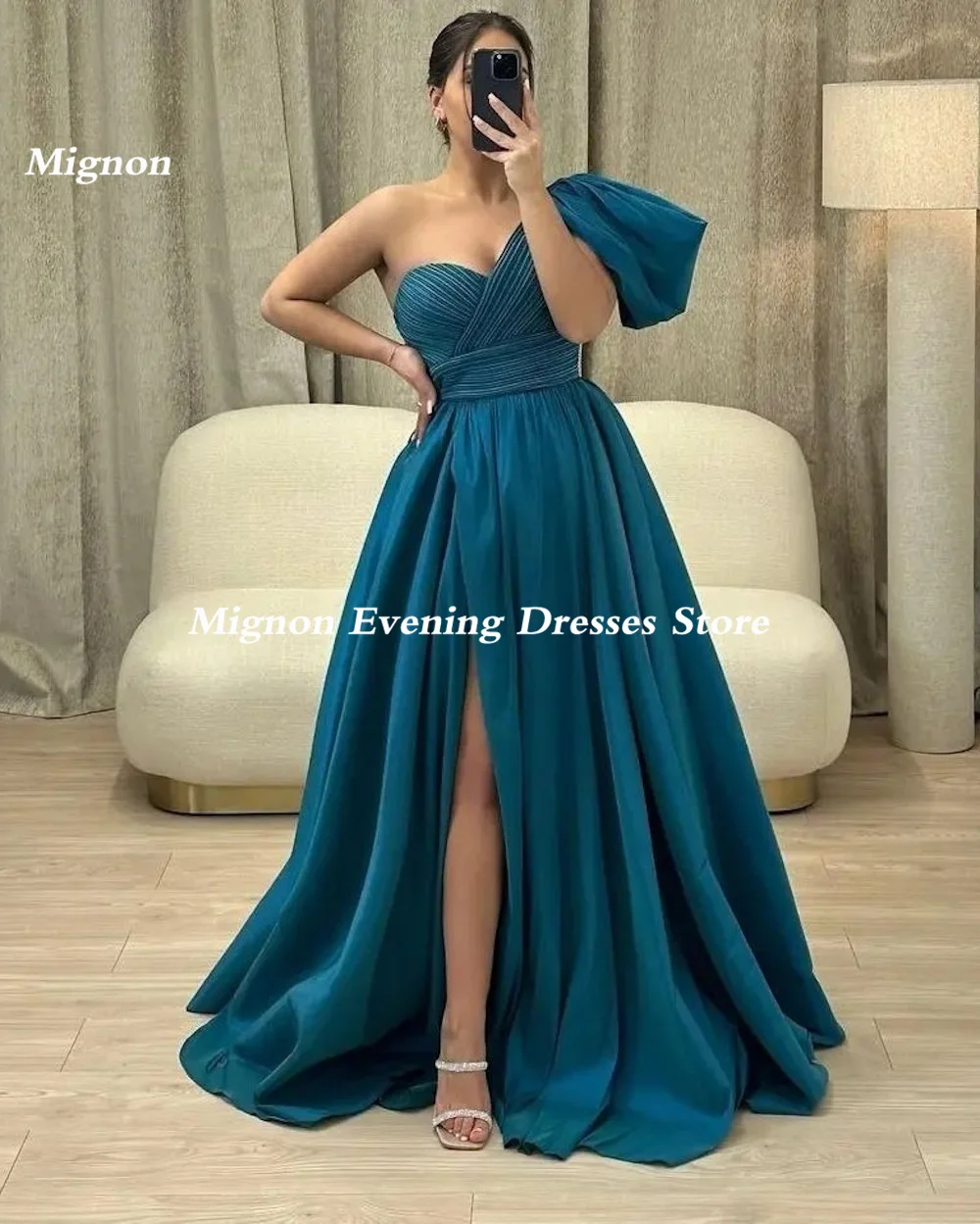 Mignon Satin A-line One-shoulder Popular Ruffle Prom Gown Floor-length Elegant Formal Evening Party Dress for Women 2023