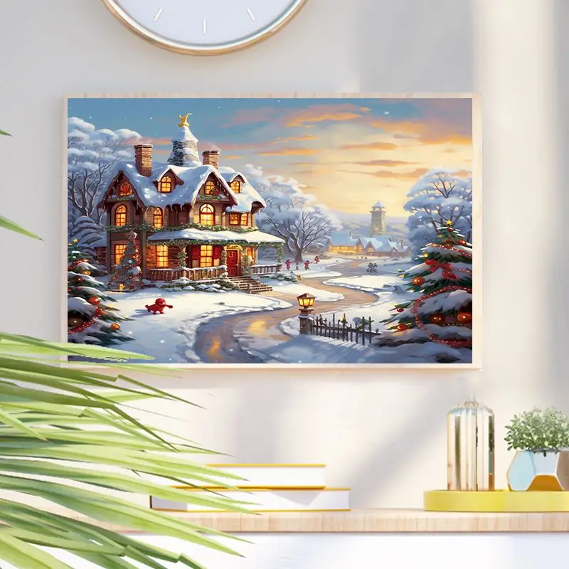 CHENISTORY Coloring By Number Winter House Landscape HandPainted Kits Drawing Canvas Pictures Oil Painting Snow Home Decor