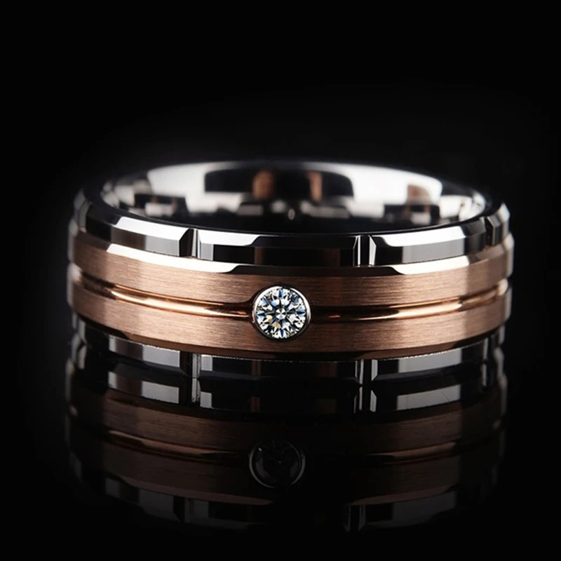 Fashion 8MM Men's Double Groove Beveled Steel Ring Rose Gold Color Brushed Inlay AAA Zircon Ring Men's Wedding Band Jewelry Gift