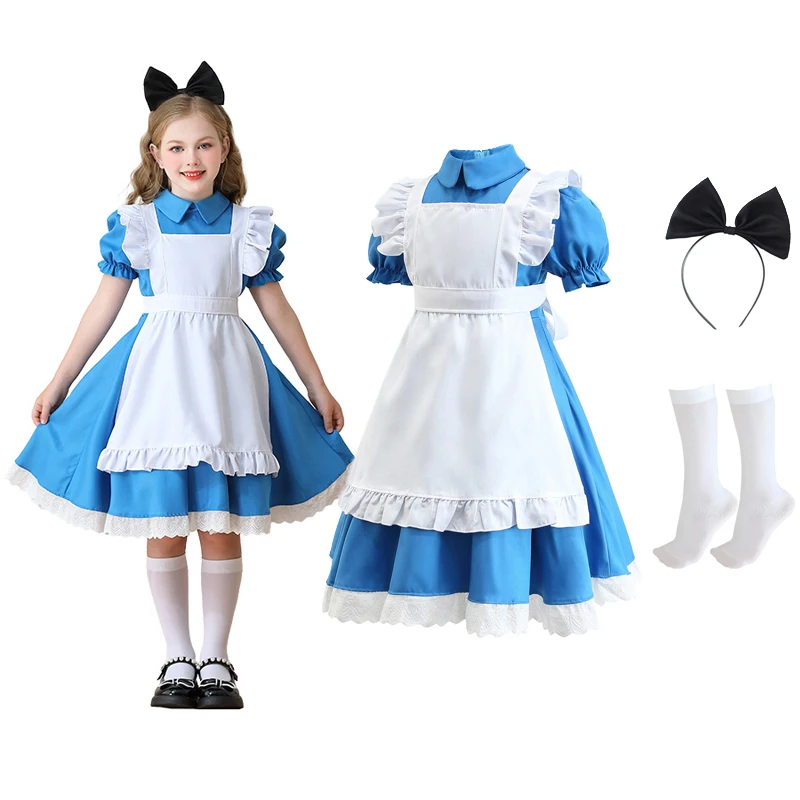 

Детский синий костюм Алисы в стране чудес на Хэллоуин для девочек, праздничное платье горничной Лолиты, нарядные карнавальные костюмы для косплея для девочек
