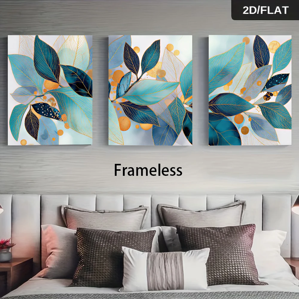 One set of light luxury three-panel frameless decorative paintings: abstract art of blue, green and gold leaves, 2D flat design.