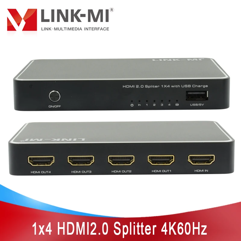 LINK-MI 1X4 HDMI2.0 Splitter Support 4K@60Hz,1080P,3D with USB Charge,1 in 4 out Ultra HD Audio Video Splitter for 4 UHD Display