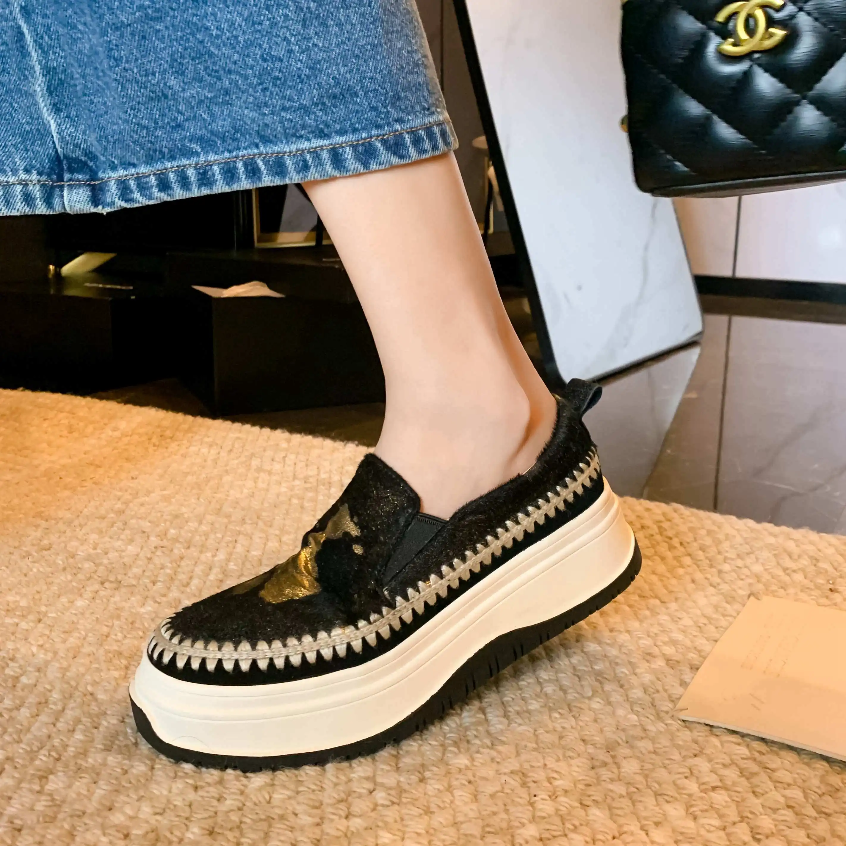 Krazing Pot 2023 Ins Horsehair Platform Print Fashion Sneakers Slip On Loafers Preppy Style Luxury Casual Women Vulcanized Shoes