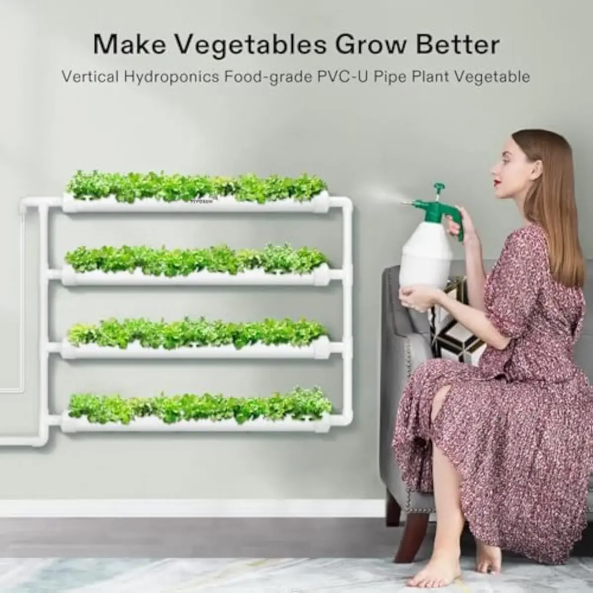 Wall-Mounted Vertical Hydroponic System with 36 Planting Stations • 4 Food-Safe PVC-U Pipes • Adjustable Pump Timer • Nutrient F