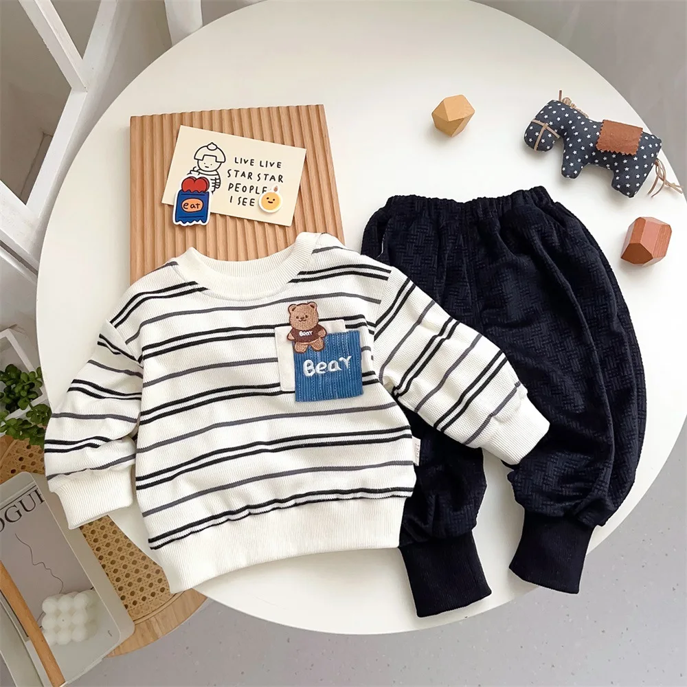 

2023 Autumn New In: Striped Bear Top Sweatshirt and Harem Pants Set for infant kids Baby Boys (3M-3Y)