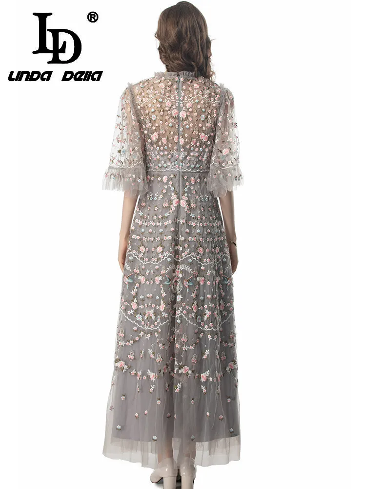 LD LINDA DELLA Summer Runway Fashion Dress Women Vintage Temperame Net Yarn Flowers Embroidery Beading Sequins Gorgeous Dresses