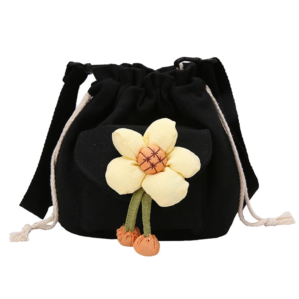

Women Fashion Satchel Bags Drawstring Crossbody Bag Cute Flower Pendant Canvas Soft Large Capacity for Travel Vacation Daily