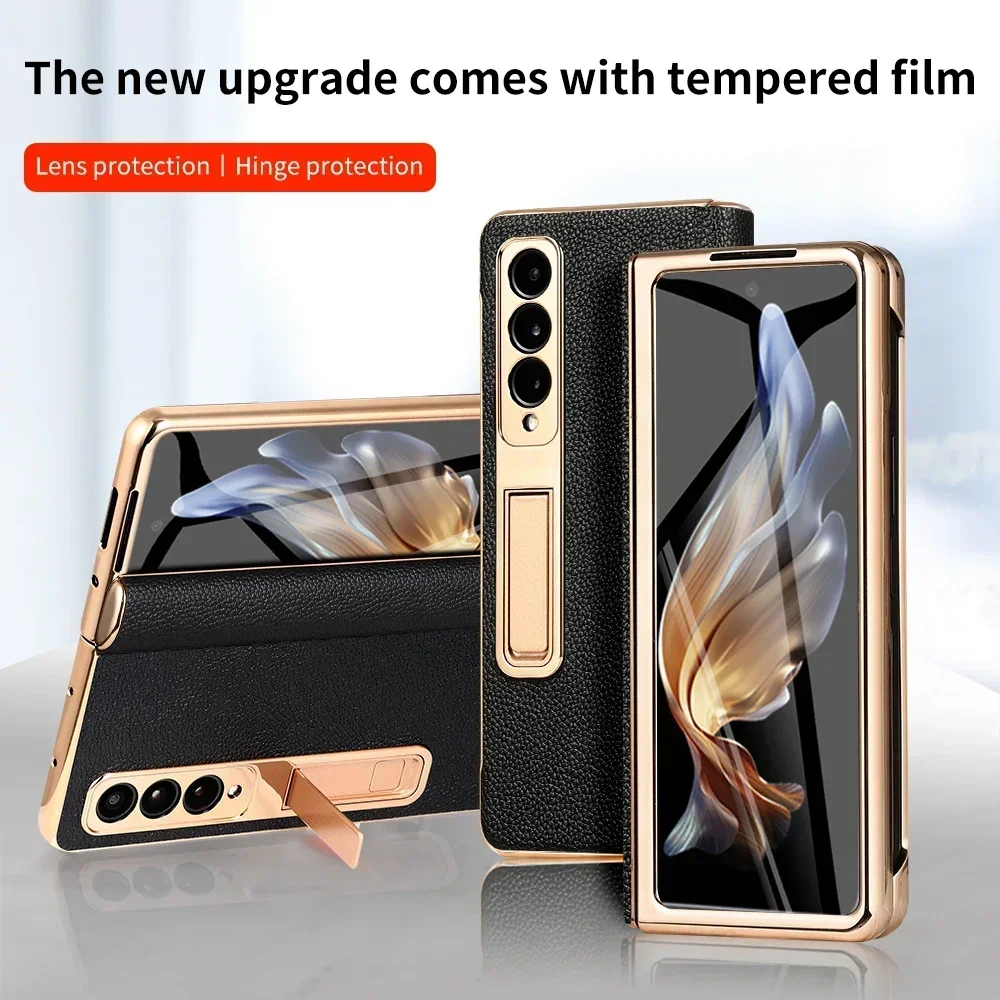 Shockproof Leather Case for Samsung Galaxy Z Fold 6 5 4 3 Magnetic Hinge Stand, Phone Cover, 3 Kickstand