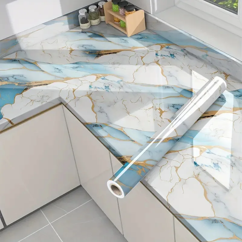 Blue Marble Pattern Self-adhesive Wallpaper, Oil and Water Resistant Stickers Kitchen Background Wall PVC Wallpaper