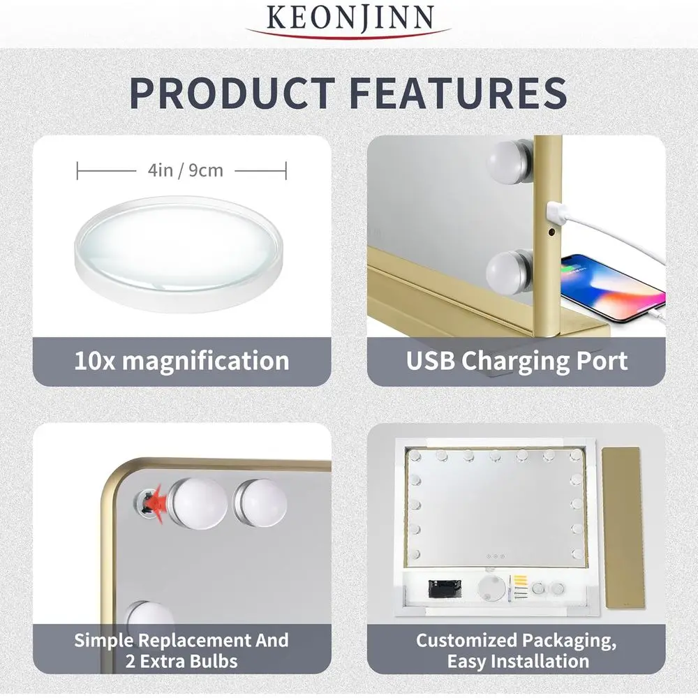 مرآة زينة مضيئة على طراز هوليوود مع 15 لمبة LED، 3 ألوان، منفذ USB، 23 × 18 #4