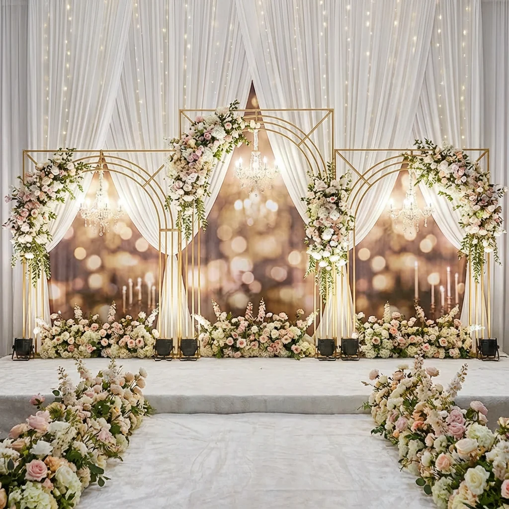 

Новая позолоченная изогнутая многоярусная подставка для экрана, декоративная арка для свадеб и вечеринок с функцией подставки для цветов.