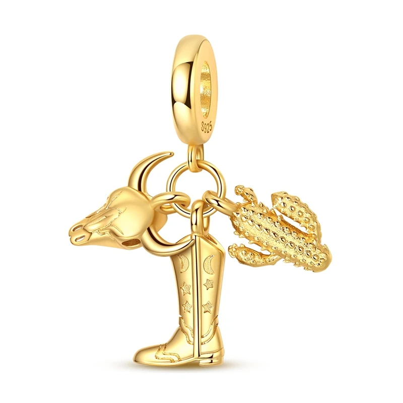 

925 Sterling Silver Golden Charms Bead Desert Dangle Fit Original Bracelet DIY Women Jewelry