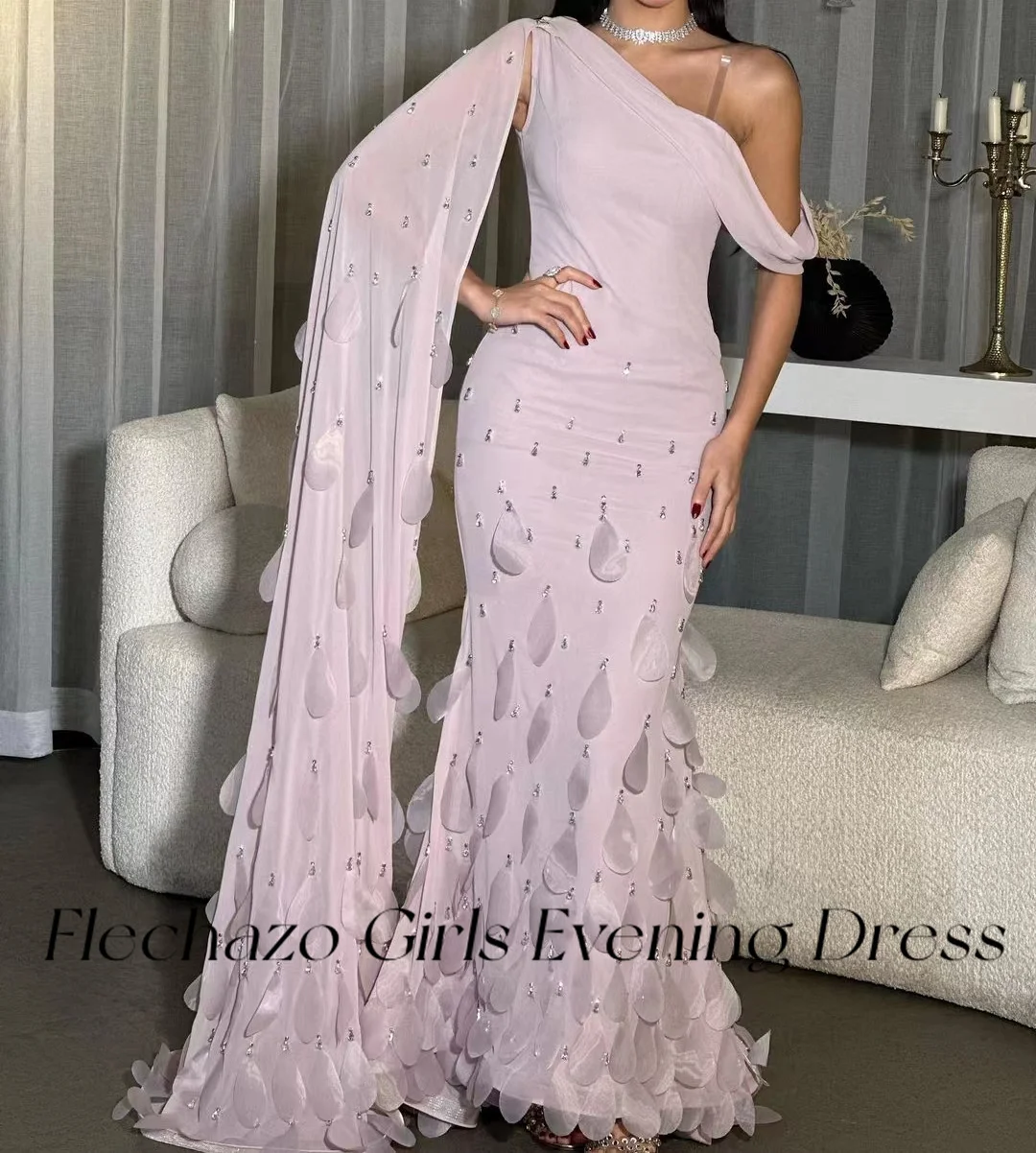 Flechazo Pink Chiffon Evening Dresses One Shoulder Beaded Leaves Formal Elegant Party Gown For Women 2024 vestidos para mujer