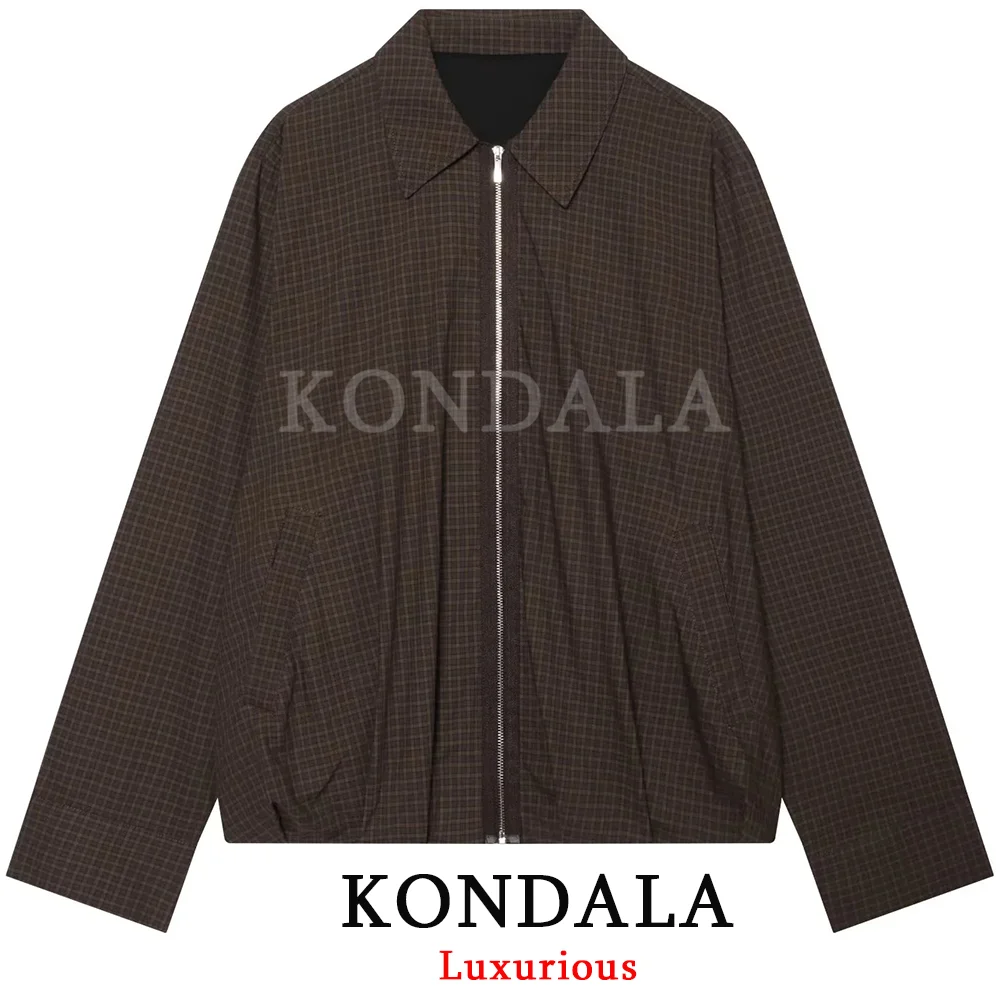 KONDALA Streetwear Vintage Casual Women Bomber Jacket Plaid Zipper Long Sleeve Loose Jacket Fashion 2026 Autumn Winter Jacket