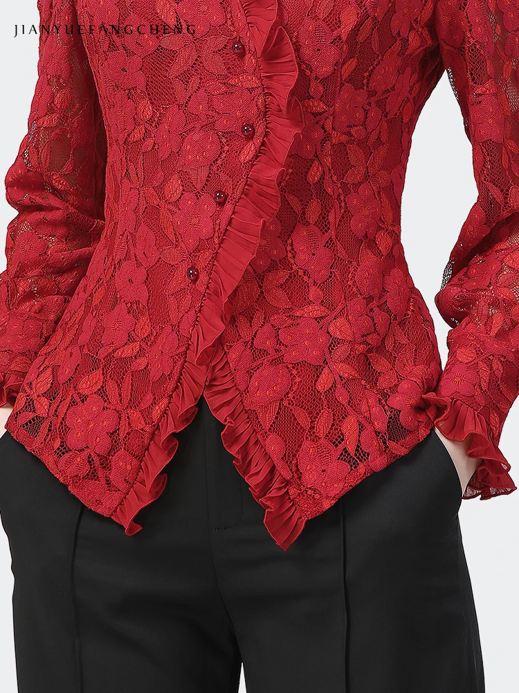 Womens Long Sleeve V-neck Embroidered Floral Red Lace Shirt 2024 Spring Summer Tops Vintage Slim Hollow Out Ladies Blouses